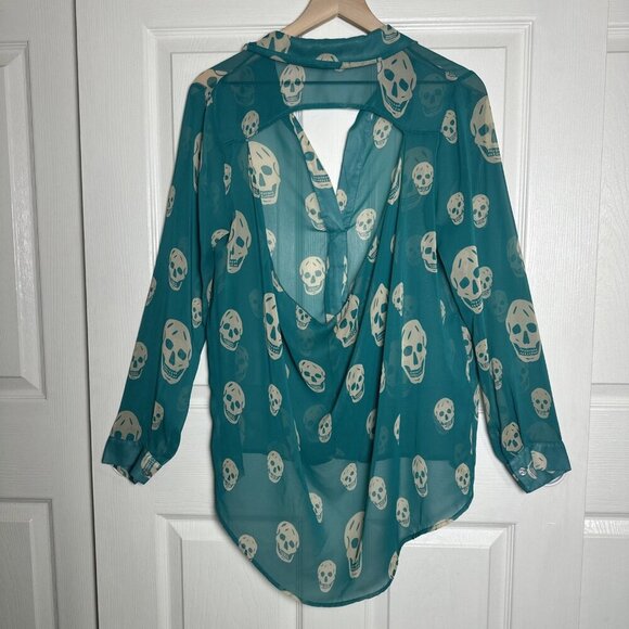 Honey Punch Large Skull Long Sleeve Teal Green Y2K Aria Top Office Halloween - Picture 2 of 11
